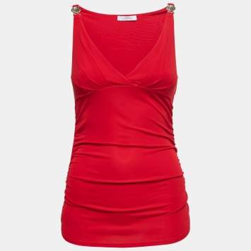 Pre Owned Versace Collection Red Jersey Ruched Sleeveless Tunic M