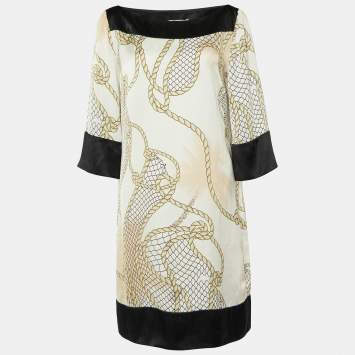 Pre Owned Versace Collection Cream Printed Satin Shift Dress M