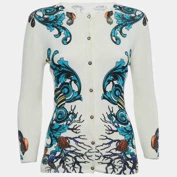 Pre Owned Versace Collection Cream Printed Knit Button Front Top M