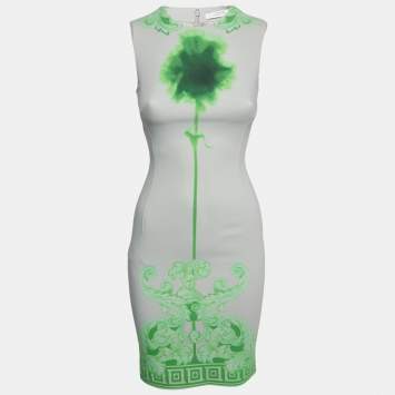 Pre Owned Versace Collection Grey/Green Printed Cotton Blend Sleeveless Sheath Dress S