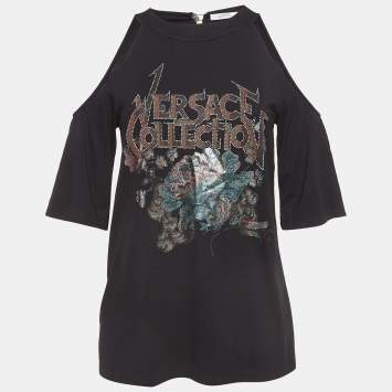 Pre Owned Versace Collection Black Logo Detailed Knit Cold Shoulder Top S