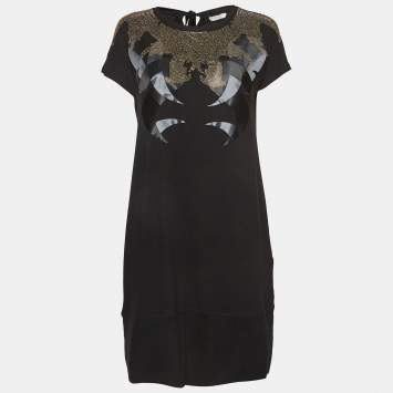Pre Owned Versace Collection Black Satin Applique Jersey Embellished Mini Dress M