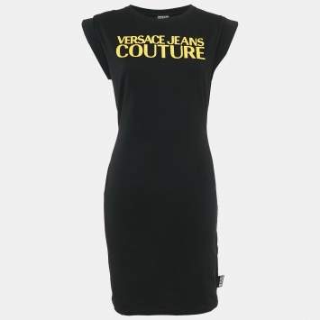 Pre Owned Versace Jeans Couture Black Logo Embroidered Cotton Knit Mini Dress M