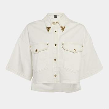 Pre Owned Versace Jeans Couture  White Denim Embellished Collar Crop Jacket M