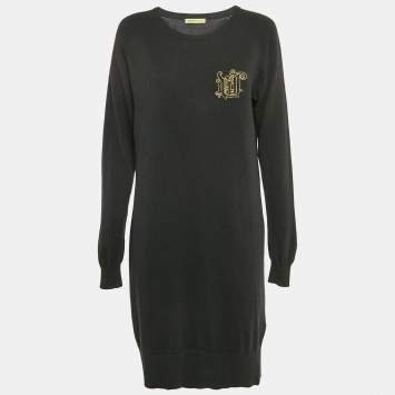 Pre Owned Versace Jeans Couture Black Logo Applique Detail Knit Mini Dress L