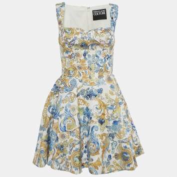 Pre Owned Versace Jeans Couture White Baroque Print Mini Sleeveless Dress S
