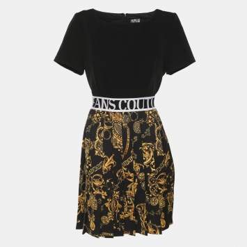 Pre Owned Versace Jeans Couture Black Crepe Baroque-Print Panelled Dress M