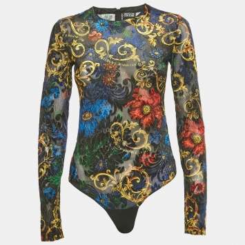 Pre Owned Versace Jeans Couture Black Baroque Mesh & Velvet Sheer Bodysuit S 