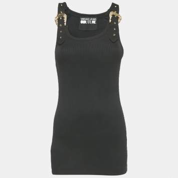 Pre Owned Versace Jeans Couture Black Rib Knit Buckle Detail Tank Top M