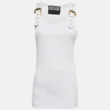 Pre Owned Versace Jeans Couture White Rib Knit Buckle Detail Tank Top M