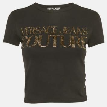 Pre Owned Versace Jeans Couture Black Logo Studded Cotton Knit Crop T-Shirt S