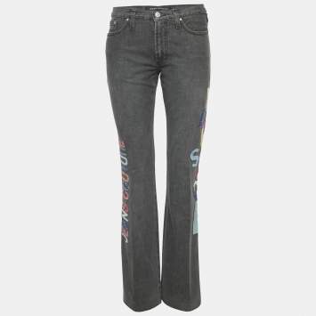 Pre Owned بنطلون جينز فيرساتشي كوتور جينز قطن رمادي مطرز واسع الساق مقاس متوسط - ميديم / الخصر 30 بوصة