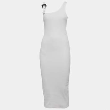 Pre Owned Versace Jeans Couture White Rib Knit Buckle Strap Midi Dress S