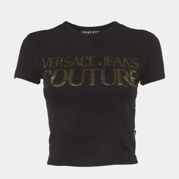 Pre Owned Versace Jeans Couture Black Logo Embellished Cotton Crop Top S
