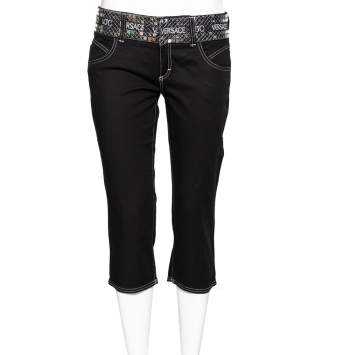 Pre Owned Versace Jeans Couture Black Denim Logo Embellished Cropped Pants M