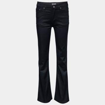 Pre Owned Versace Jeans Couture Black Shine Denim Flared Leg Jeans M Waist 26"