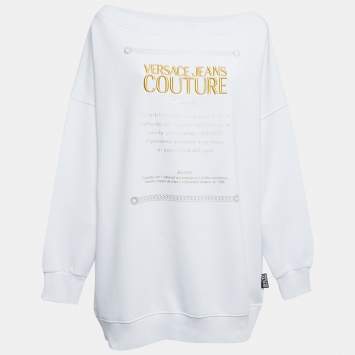Pre Owned Versace Jeans Couture White Logo Patch Print Boat Neck Mini Dress One Size