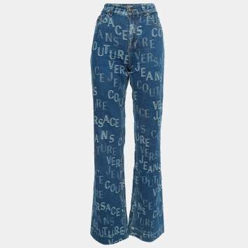 Pre Owned Versace Jeans Couture Blue Logo Jacquard Denim Wide Leg Jeans L 