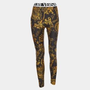 Pre Owned Versace Jeans Couture Black/Yellow Baroque Print Jersey Leggings S