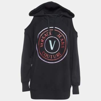 Pre Owned Versace Jeans Couture Black Logo Print Cotton Cold Shoulder Hooded Sweatshirt S
