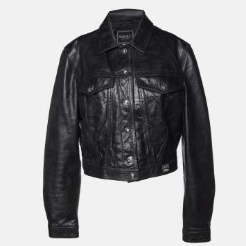 Pre Owned Versace Jeans Couture Vintage Black Leather Biker Jacket L
