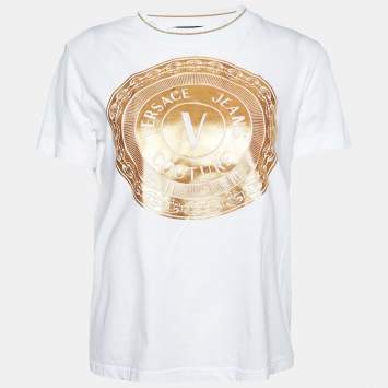 Pre Owned Versace Jeans Couture White Metallic Logo Print Cotton T-Shirt S