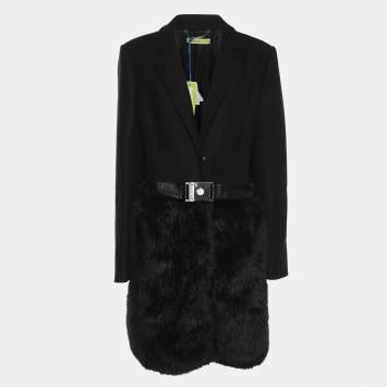 Versace Jeans Black Wool Blend and Faux Fur Belted Blazer L