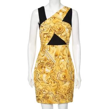Pre Owned Versace Jeans Gold Printed Crepe Sleeveless Mini Dress M