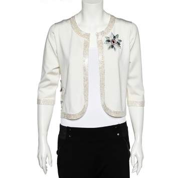 Versace Jeans Couture White Silk Knit Sequin Embellished Open Front Shrug L