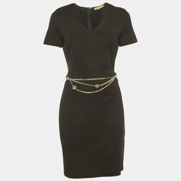 مملوكة مسبقًا Versace Jeans Black Jersey Chain Belt Detail Mini Dress M
