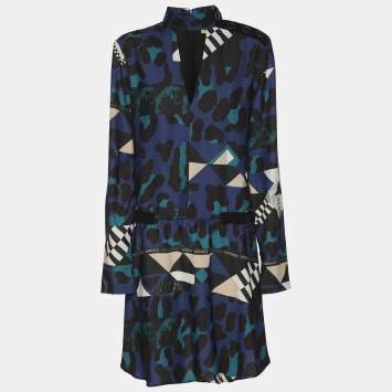 Pre Owned Versace Jeans Multicolor Printed Crepe Longs Sleeve Mini Dress M