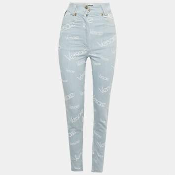 Pre Owned Versace Jeans Blue Logo Print Denim Skinny Jeans S Waist 24"