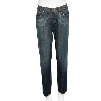 Pre Owned Versace Jeans Couture Navy Blue Embellished Detail Straight Leg Jeans L