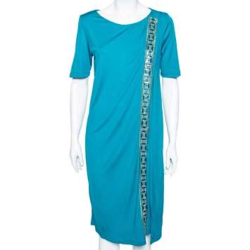Pre Owned Versace Jeans Blue Jersey Embellished Detail Shift Dress L
