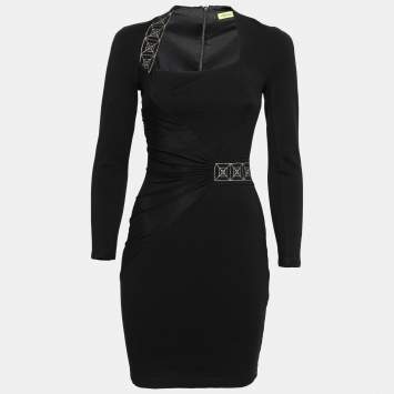 Pre Owned Versace Jeans Black Knit Overlay Detail Long Sleeve Dress S