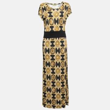 Pre Owned Versace Jeans Black & Gold Baroque Print Jersey Maxi Dress M