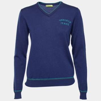 Pre Owned Versace Jeans Blue Wool Logo Embroidered V-Neck Sweater S