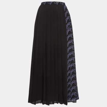 Pre Owned Versace Jeans Black Printed Silk Pleated Maxi Skirt M