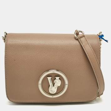 Pre Owned Versace Jeans Brown Leather Logo Flap Shoulder Bag