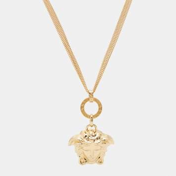 Pre Owned Versace Medusa  Gold Tone Triple Chain Pendant Necklace