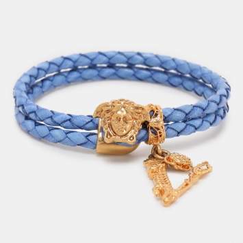 Pre Owned Versace Blue Braided Leather Medusa Bracelet