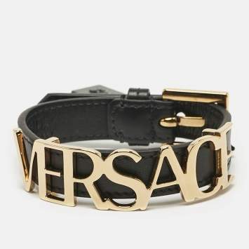 Pre Owned Versace Logo Leather Gold Tone Bracelet