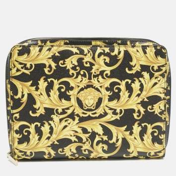 Versace Black/Yellow Leather Baroque Printed Zip Around iPad Case