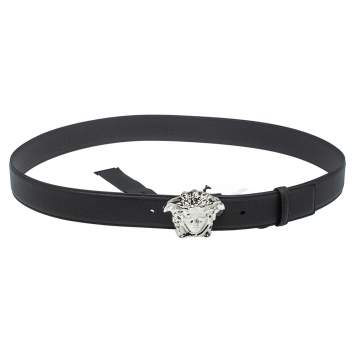 Pre Owned Versace Black Leather Medusa Buckle Belt 115CM