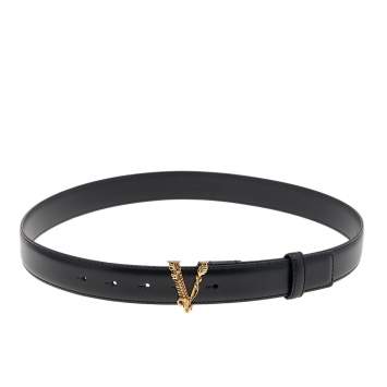 Pre Owned Versace Black Leather Virtus Waist Belt 85CM