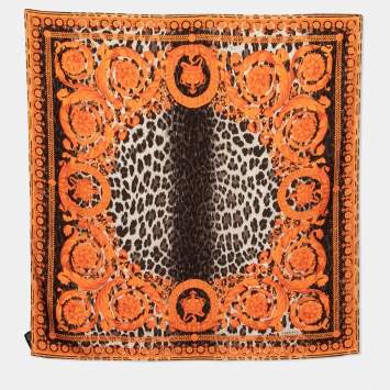 Pre Owned Versace Orange & Grey Baroque Animal Print Silk Scarf