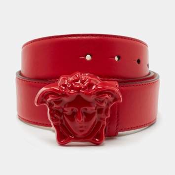 Pre Owned Versace Red Leather Medusa Buckle Belt 85CM