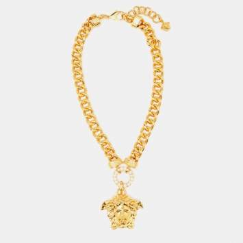 Pre Owned Versace Medusa Crystal Gold Tone Necklace