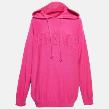 Versace Pink Logo Embossed Wool Knit Hooded Sweater M