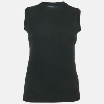 Pre Owned Versace Black Logo Embroidered Virgin Wool Sleeveless Top S
